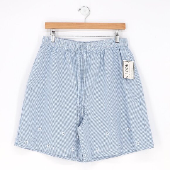 NWT VINTAGE Blue Gingham Fisherman Core Floral Embroidered Summer Short Size L - Picture 1 of 9